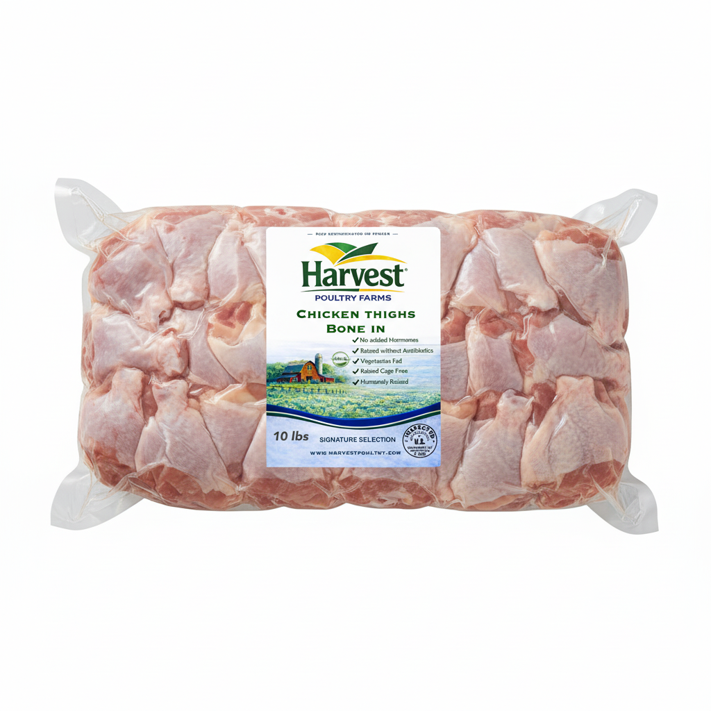 Bone-in chicken thighs with Harvest Poultry label