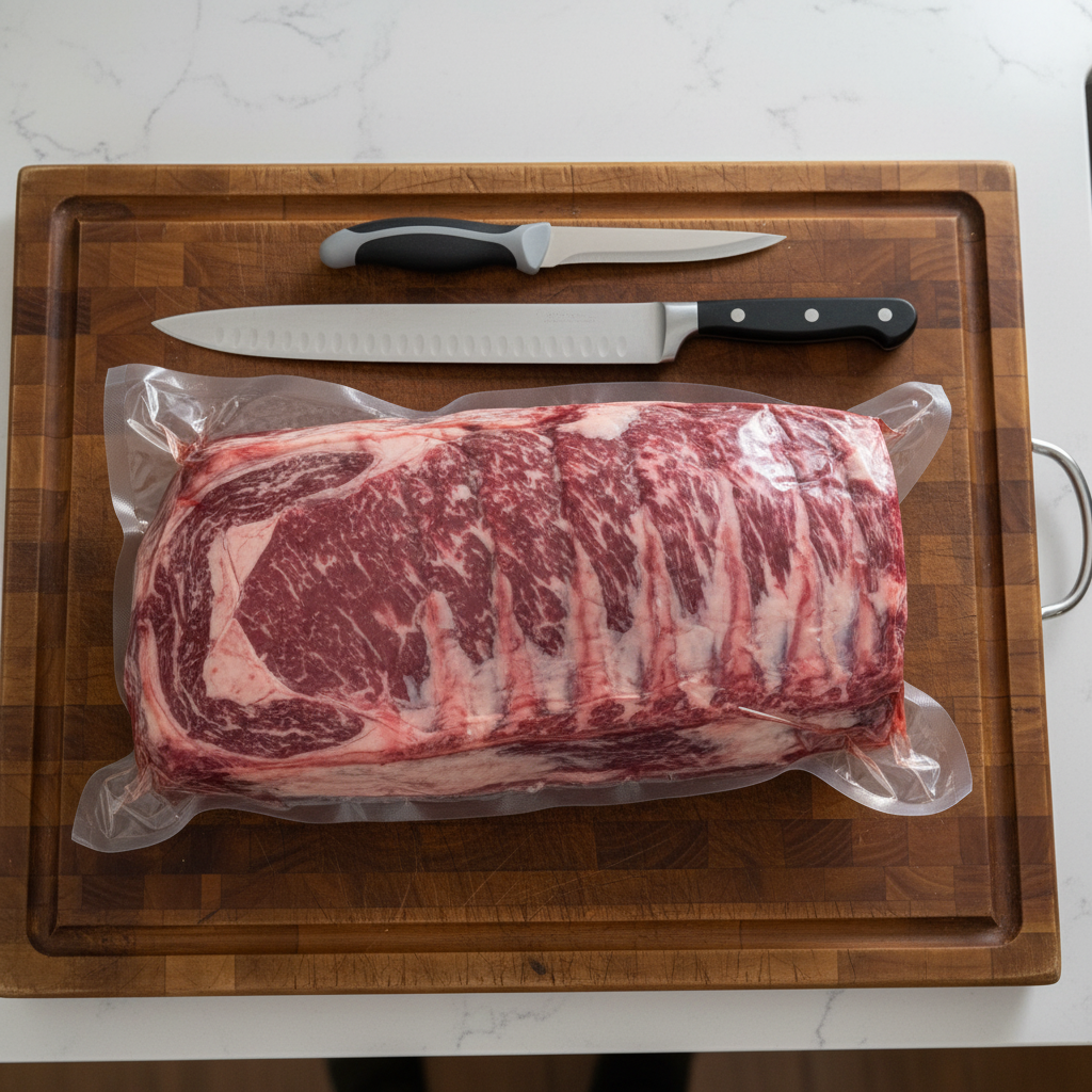 Boneless ribeye on cutting board with knives