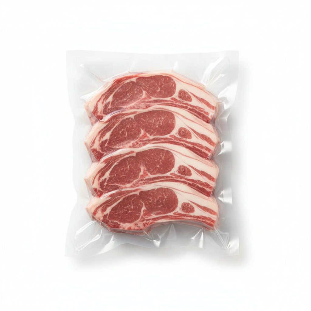 Five lamb shoulder steaks vacuum-sealed without label
