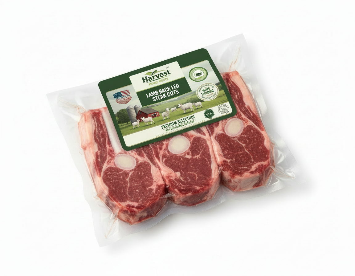 Lamb Back Leg Steak Cuts - Corner View with lamb imagery