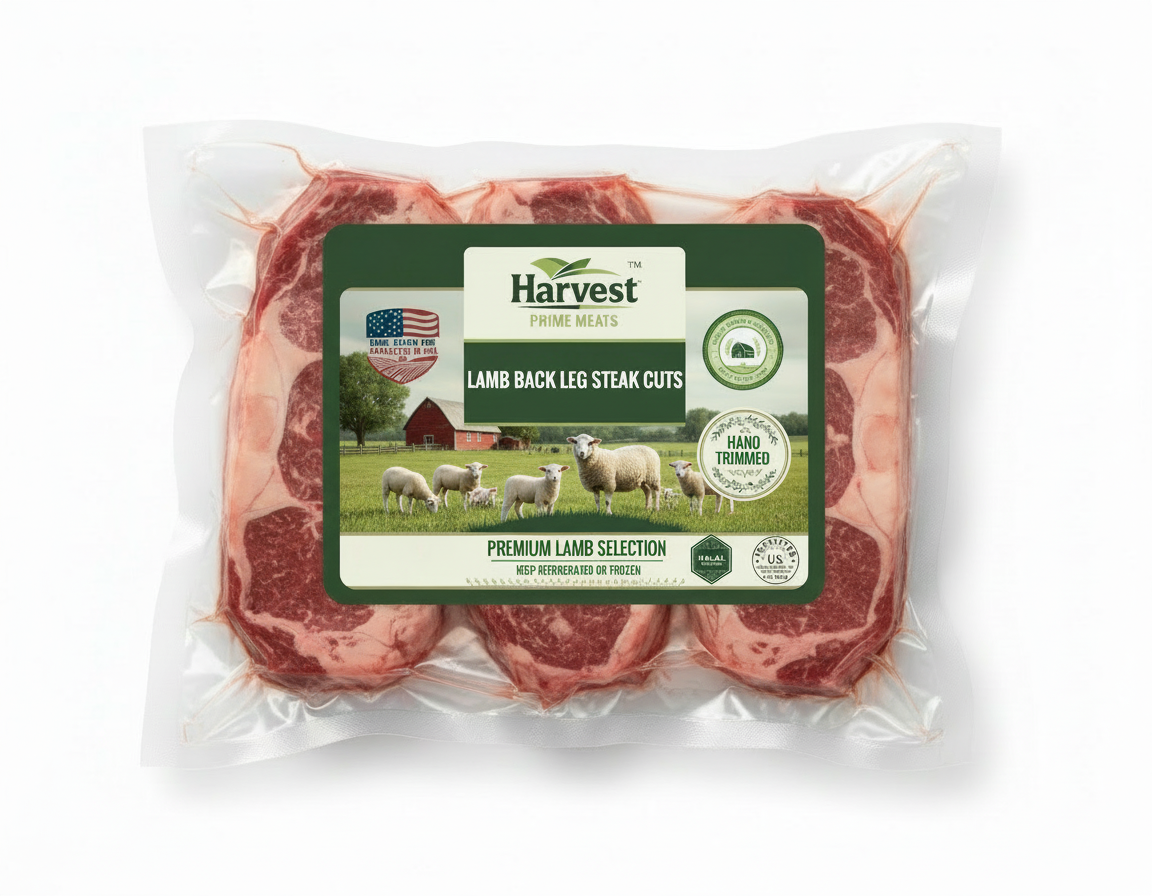 Lamb Back Leg Steak Cuts - Overhead View with lamb imagery