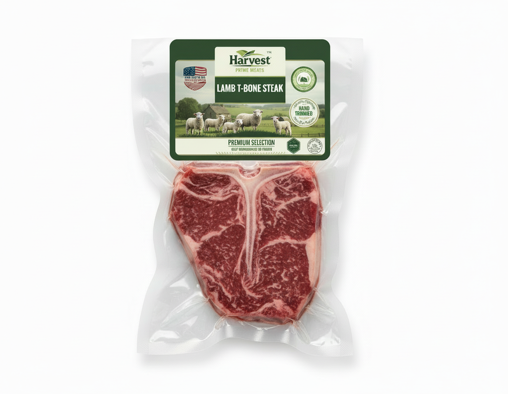 Lamb T-Bone Steak with lamb farm imagery