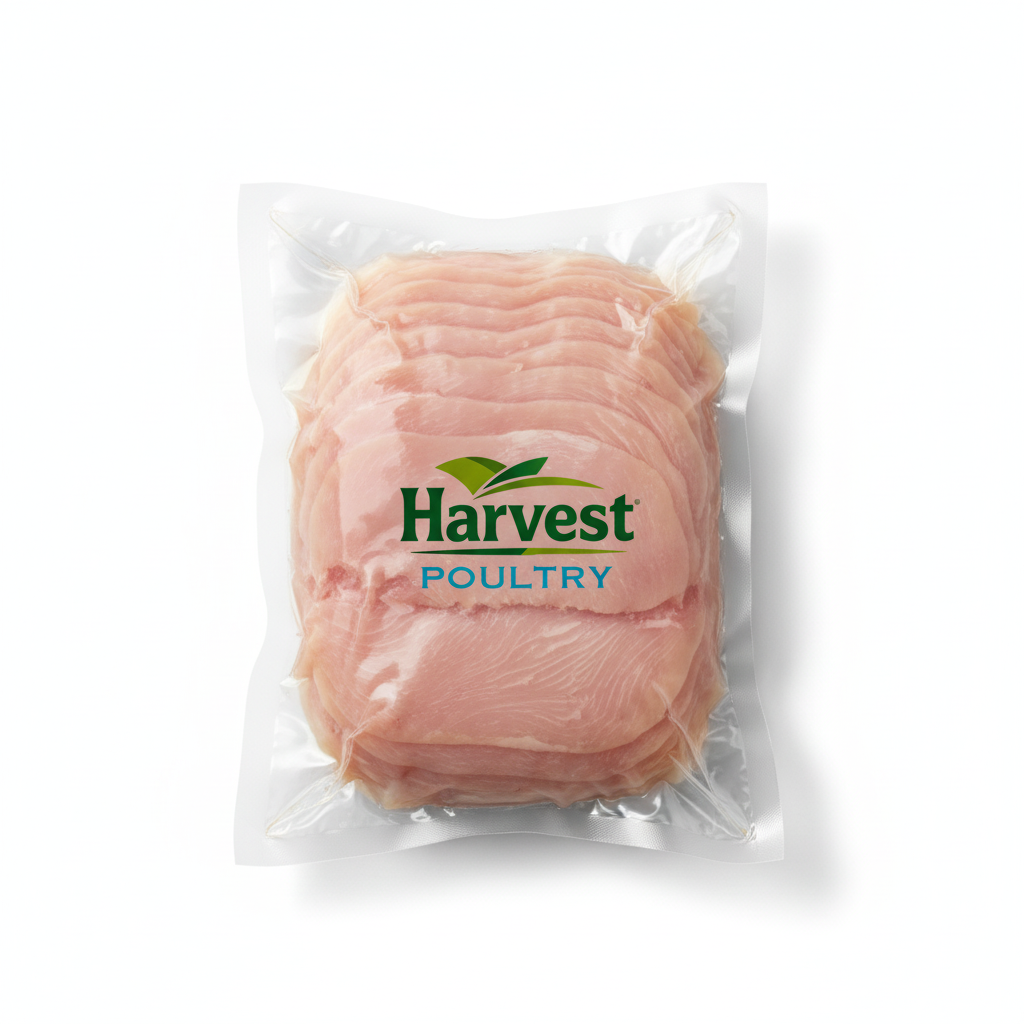 Photorealistic vacuum sealed chicken with Harvest Poultry label