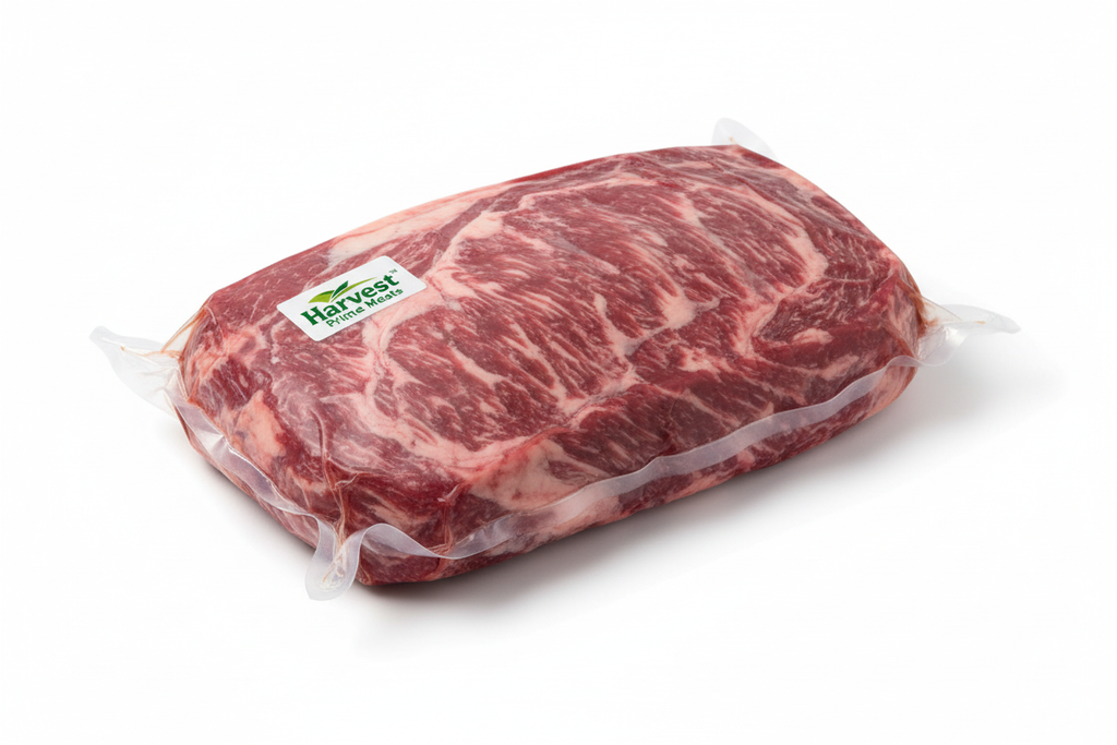 Ribeye with Harvest Prime Meats logo - angled view