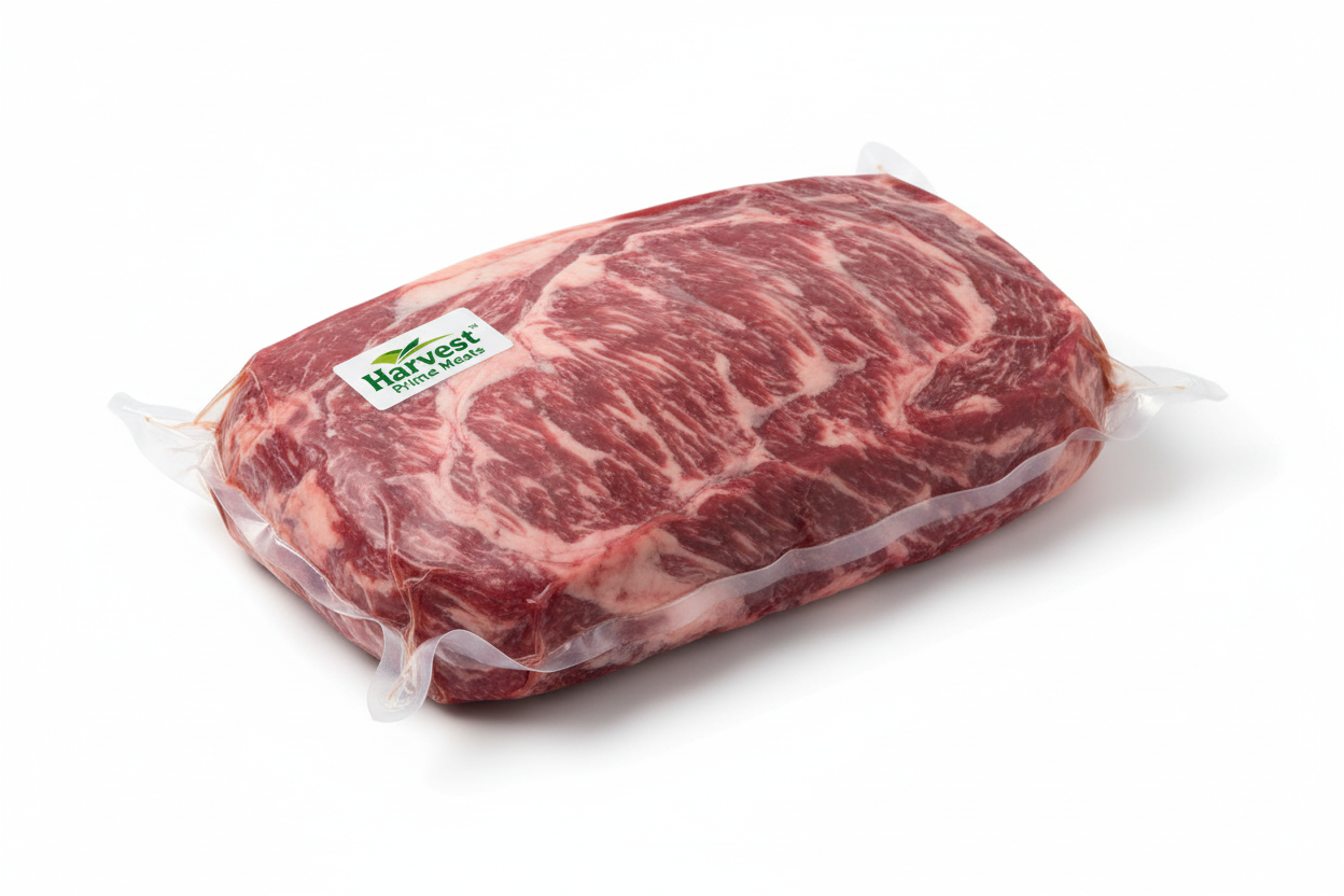 Ribeye with Harvest Prime Meats logo - angled view