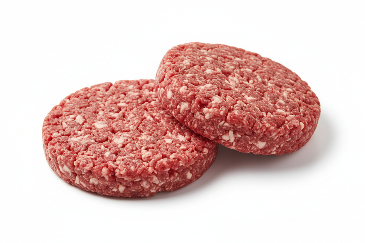 Two raw 8 ounce beef patties