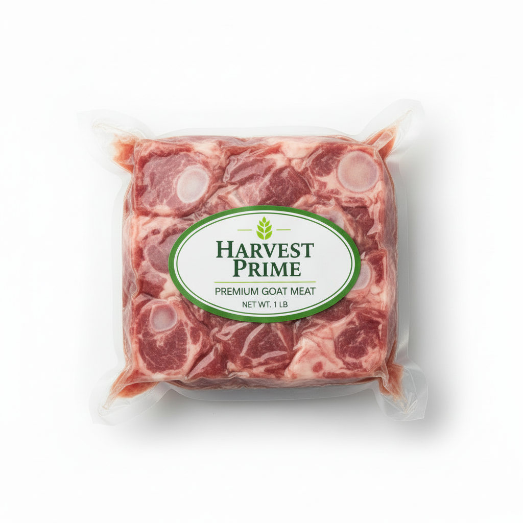 Vacuum-sealed 1 pound lean goat meat with bones and Harvest Prime label