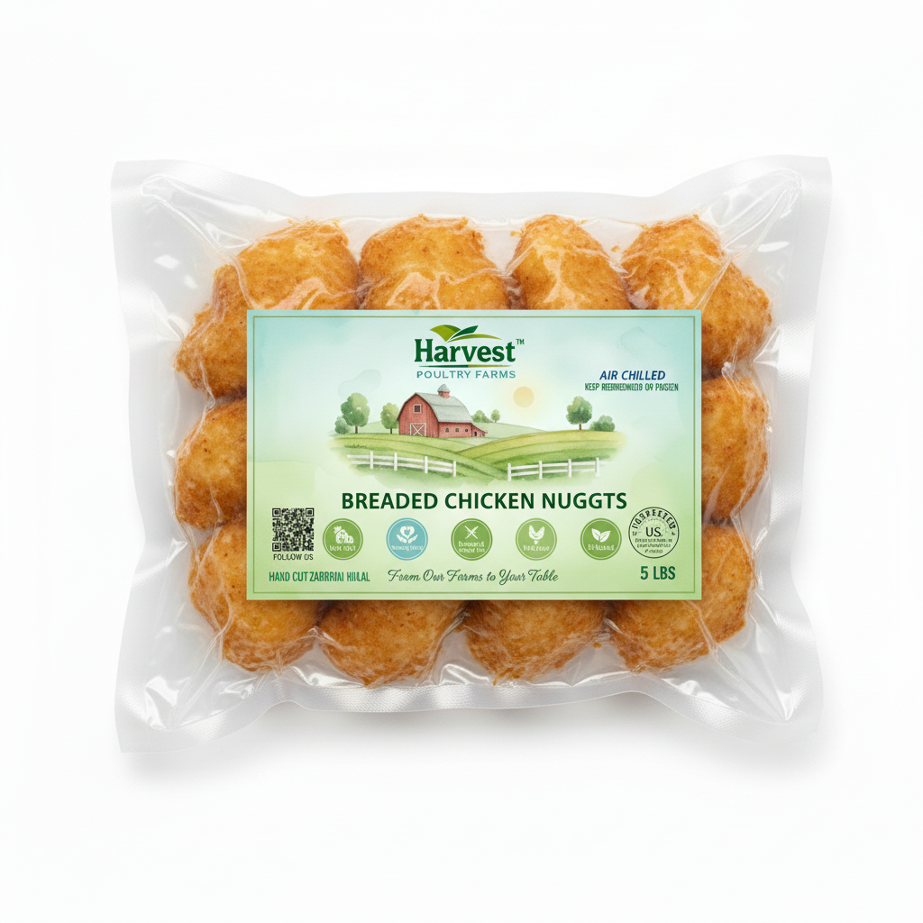 Vacuum Sealed 5 lb Chicken Nuggets with Harvest Poultry Label