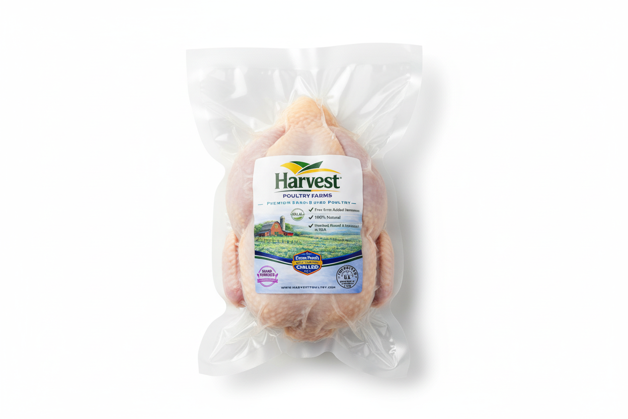 Vacuum sealed baby chicken with Harvest Poultry label