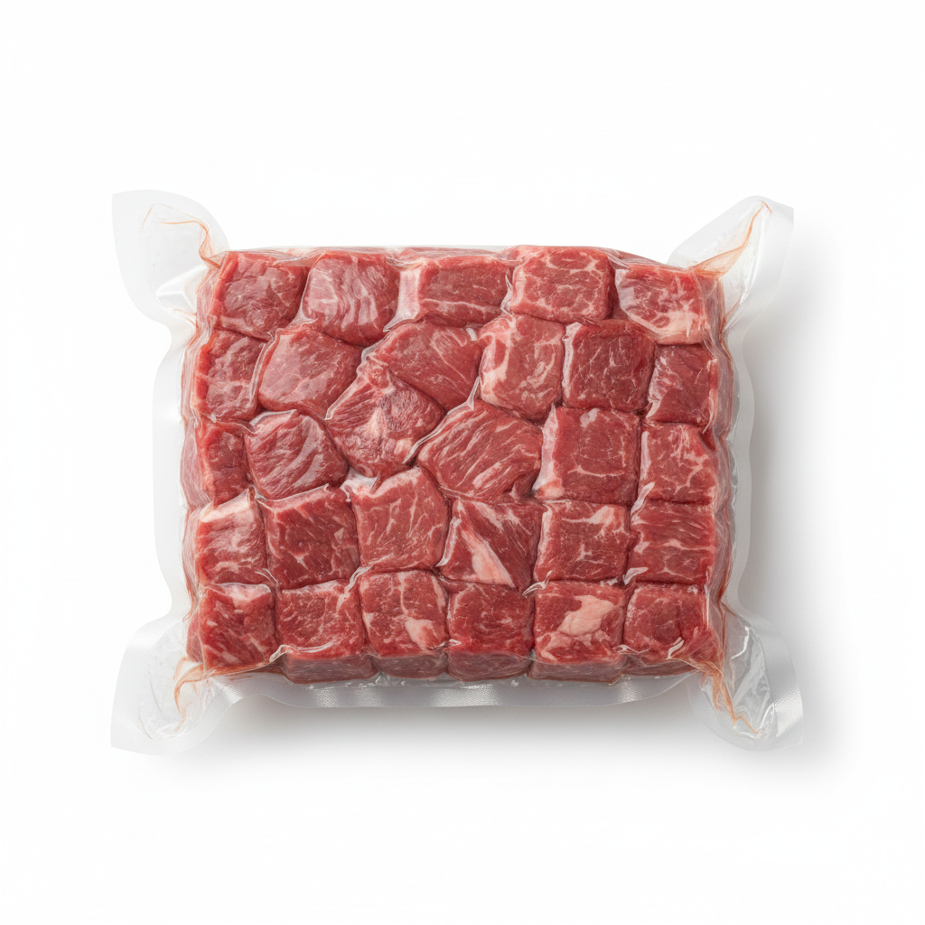 Vacuum-sealed beef round cubes