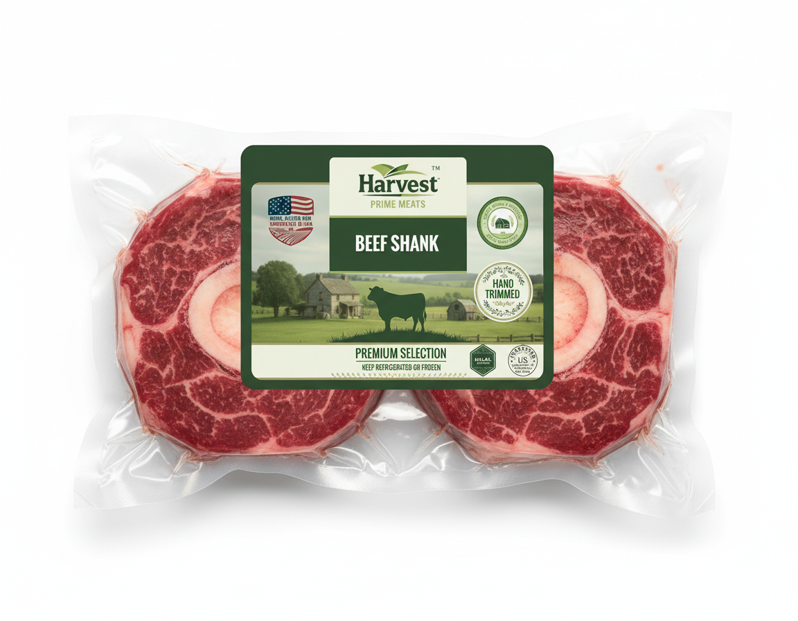 Vacuum-sealed beef shank with actual label