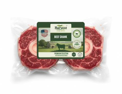 Vacuum-sealed beef shank with actual label