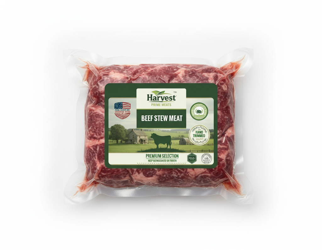 Vacuum-sealed beef stew meat with smaller label