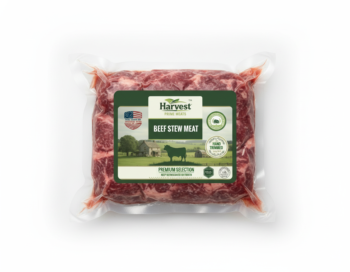 Vacuum-sealed beef stew meat with smaller label