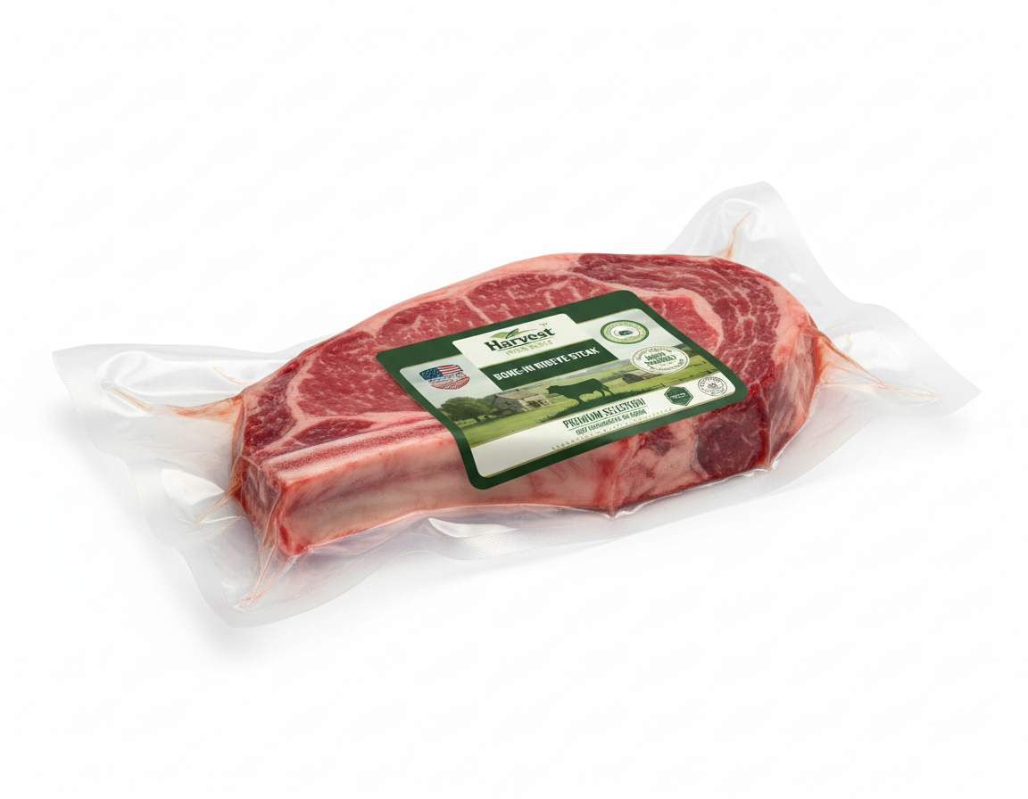 Vacuum-sealed bone-in ribeye - alternative angle