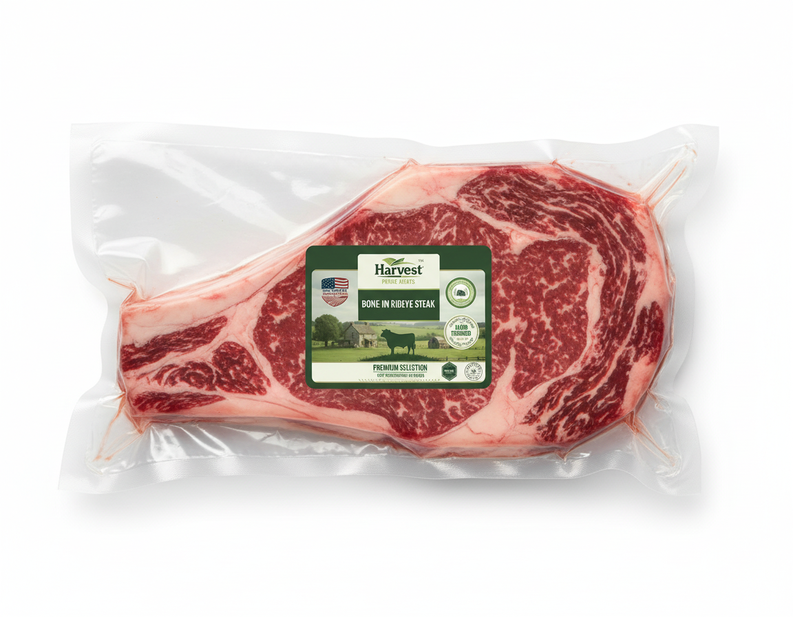 Vacuum-sealed bone-in ribeye with actual label