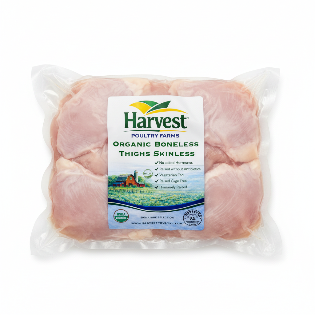 Vacuum Sealed Boneless Chicken Thighs with Harvest Label