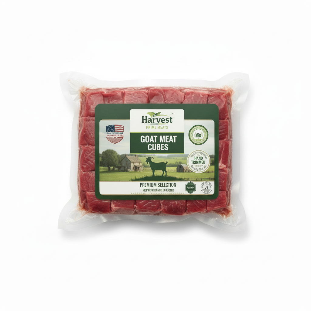Vacuum-sealed Boneless Goat Cubes with Harvest Prime Label