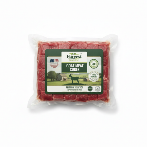 Vacuum-sealed Boneless Goat Cubes with Harvest Prime Label