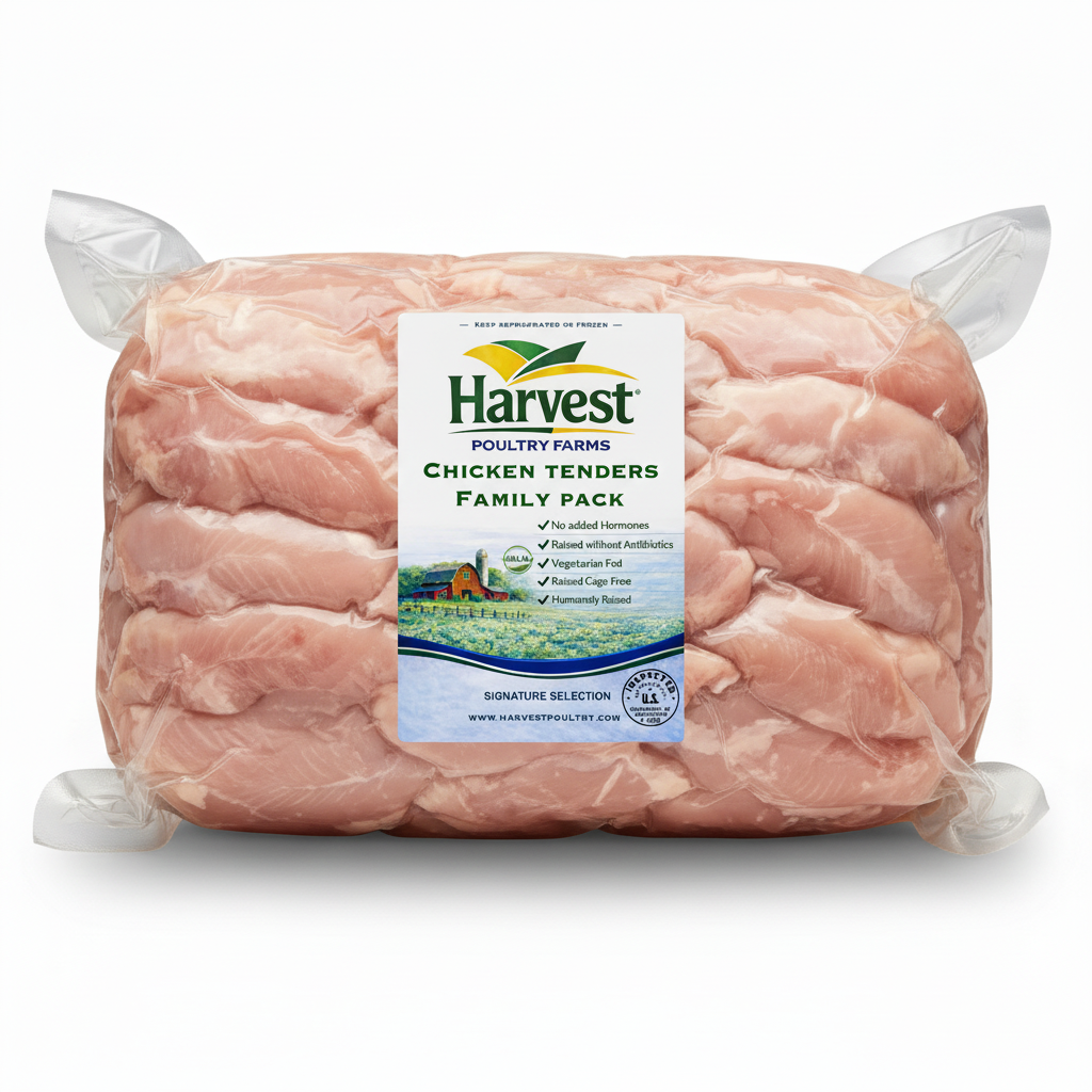 Vacuum-sealed chicken tenders with smaller Harvest Poultry Farms label