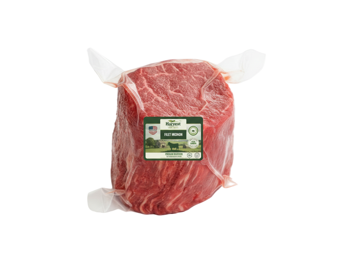 Vacuum-sealed filet mignon with label