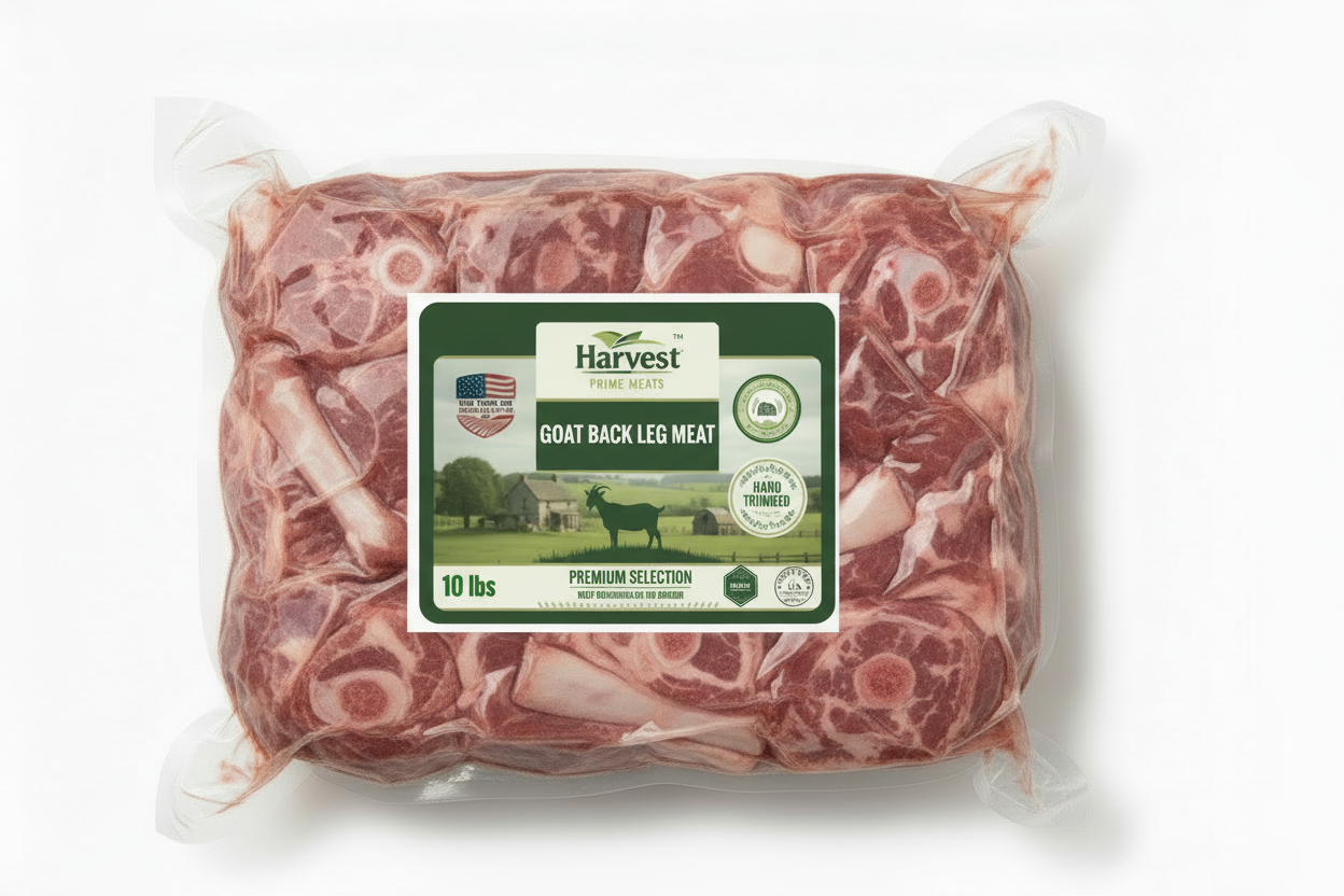 Vacuum-sealed goat back leg meat with Harvest Prime label