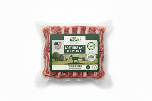 Vacuum-sealed goat chops with visible meat inside