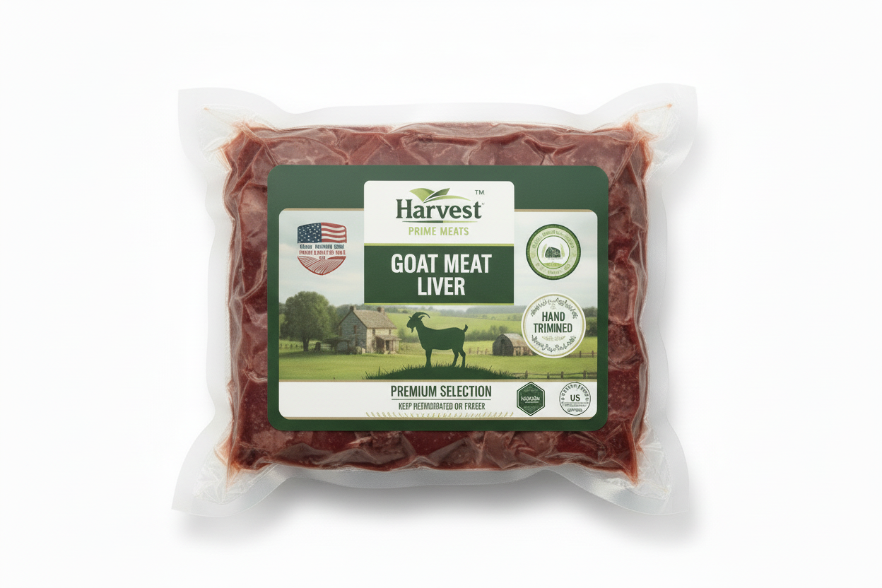 Vacuum-sealed goat liver with Harvest Prime label
