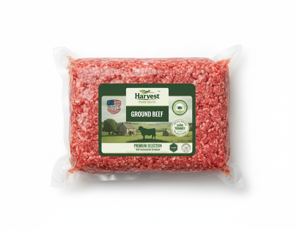 Vacuum-sealed ground beef with very small label