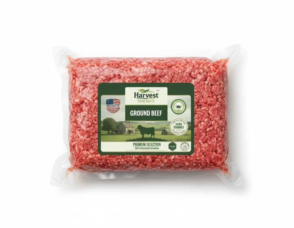 Vacuum-sealed ground beef with very small label