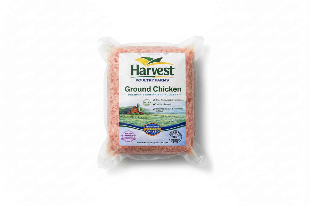 Vacuum sealed ground chicken with Harvest Poultry Ground Chicken label