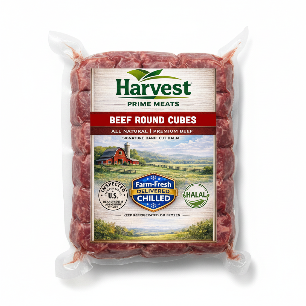 Vacuum-sealed Harvest beef round cubes