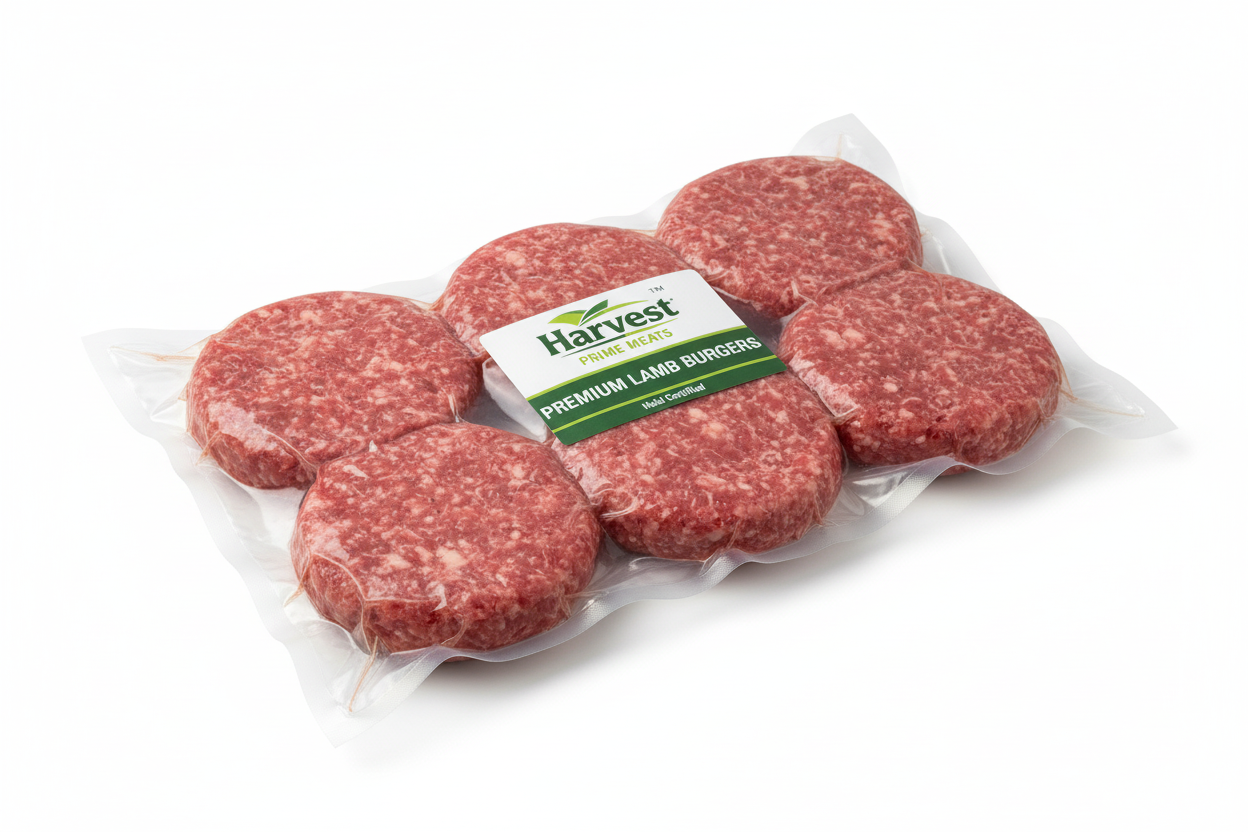 Vacuum-sealed lamb burgers with Harvest logo