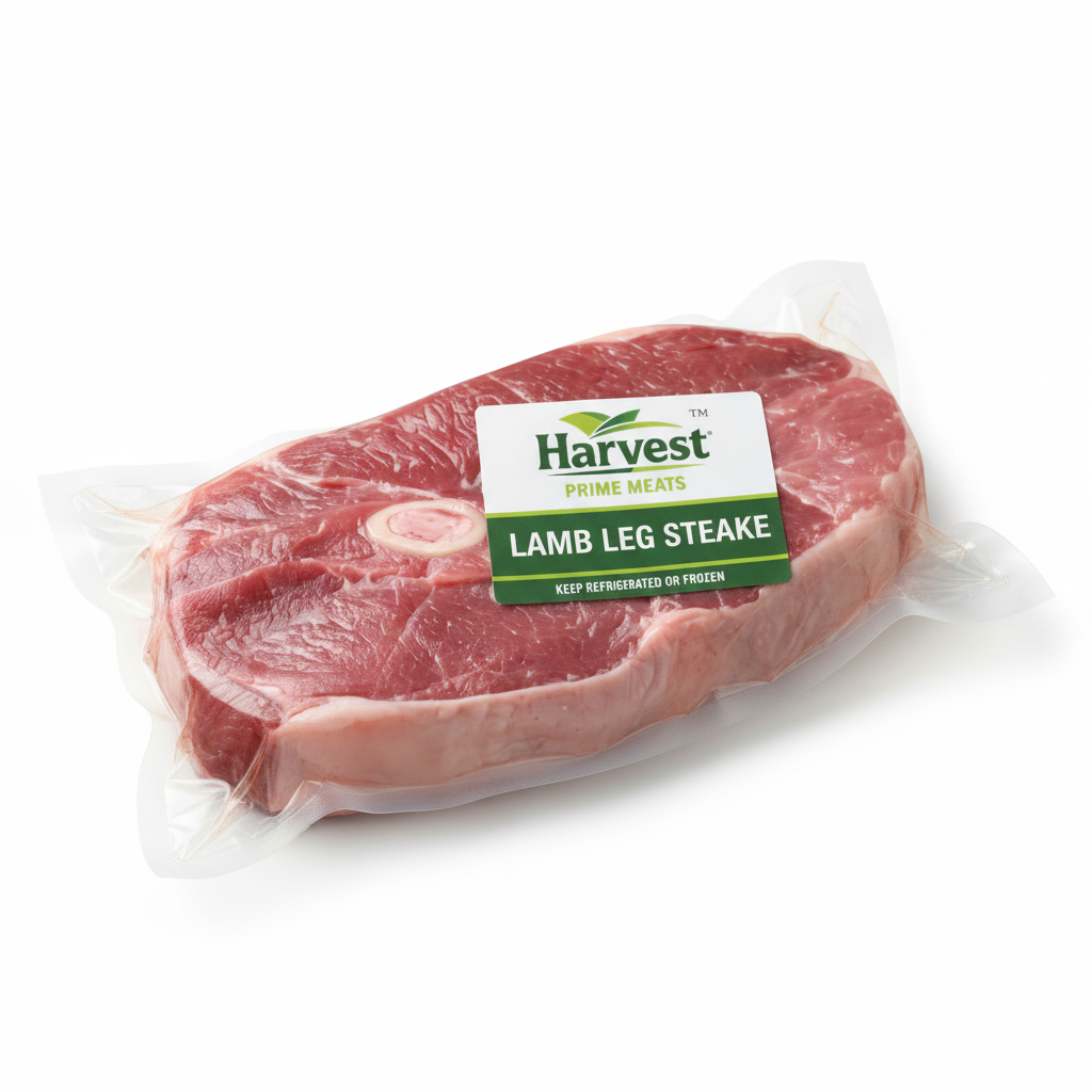 Vacuum-sealed lamb leg steak with Harvest Prime Meats label
