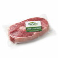 Vacuum-sealed lamb leg steak with Harvest Prime Meats label