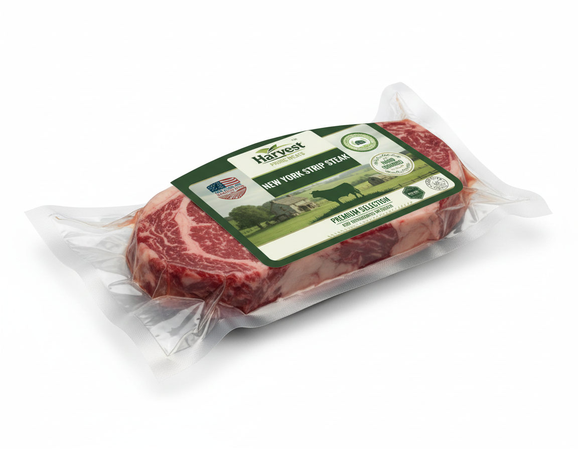 Vacuum-sealed New York strip steak angled view