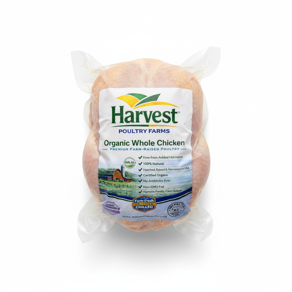 Vacuum-Sealed Organic Whole Chicken - White Background