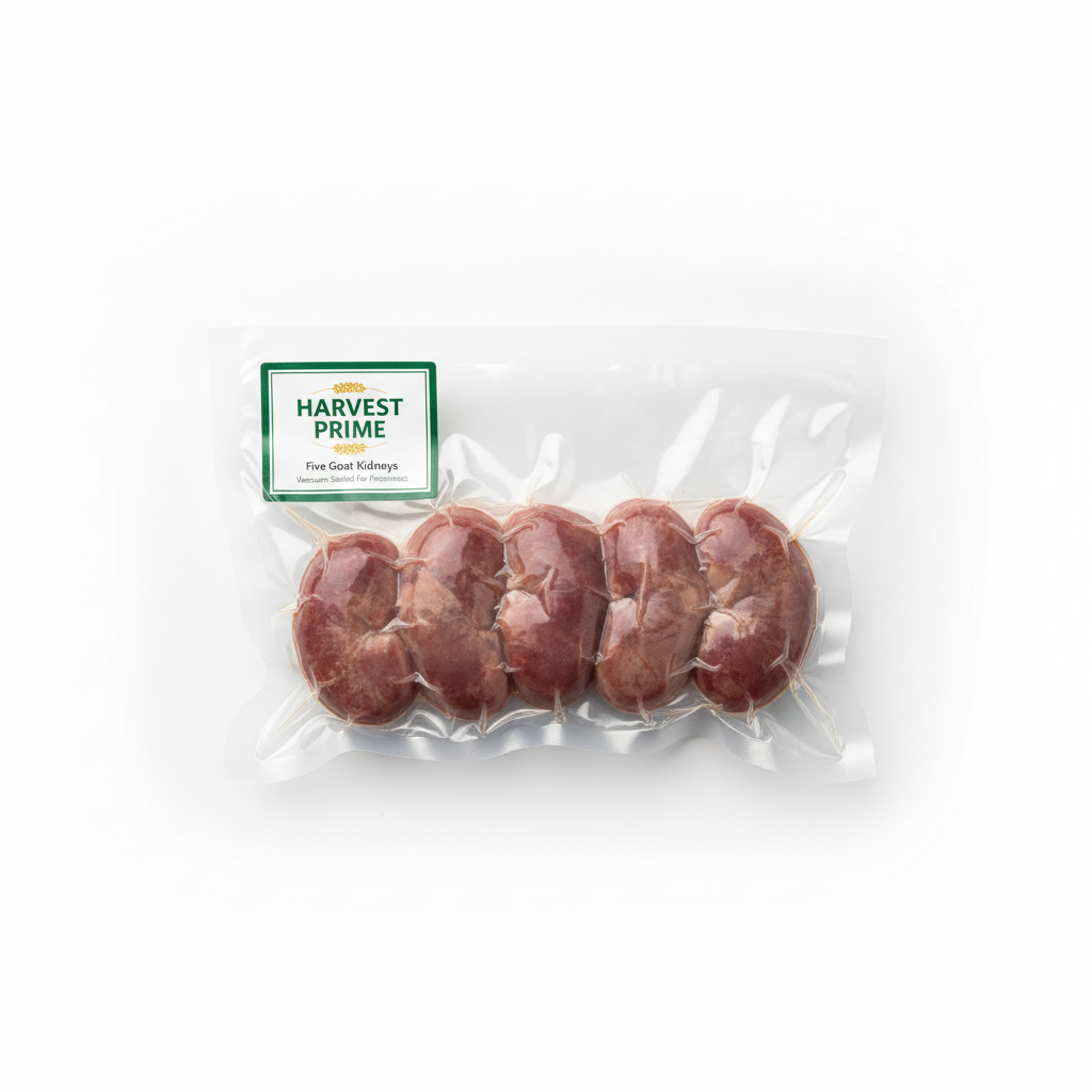 Vacuum-sealed pack of five goat kidneys with Harvest Prime label