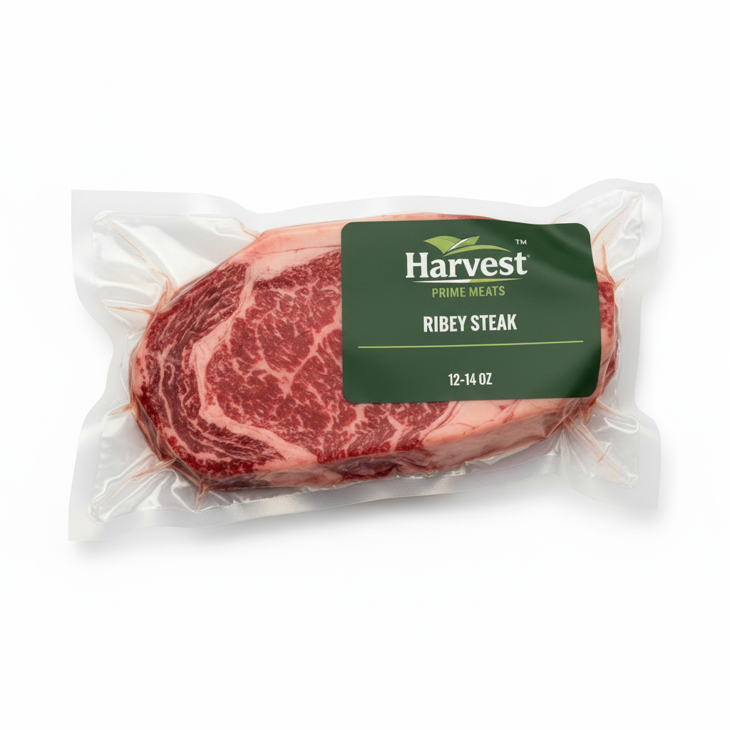 Vacuum-sealed Prime Ribeye Steak with Harvest Prime Label