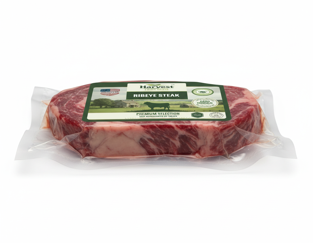 Vacuum-sealed ribeye steak showing 1 inch thickness