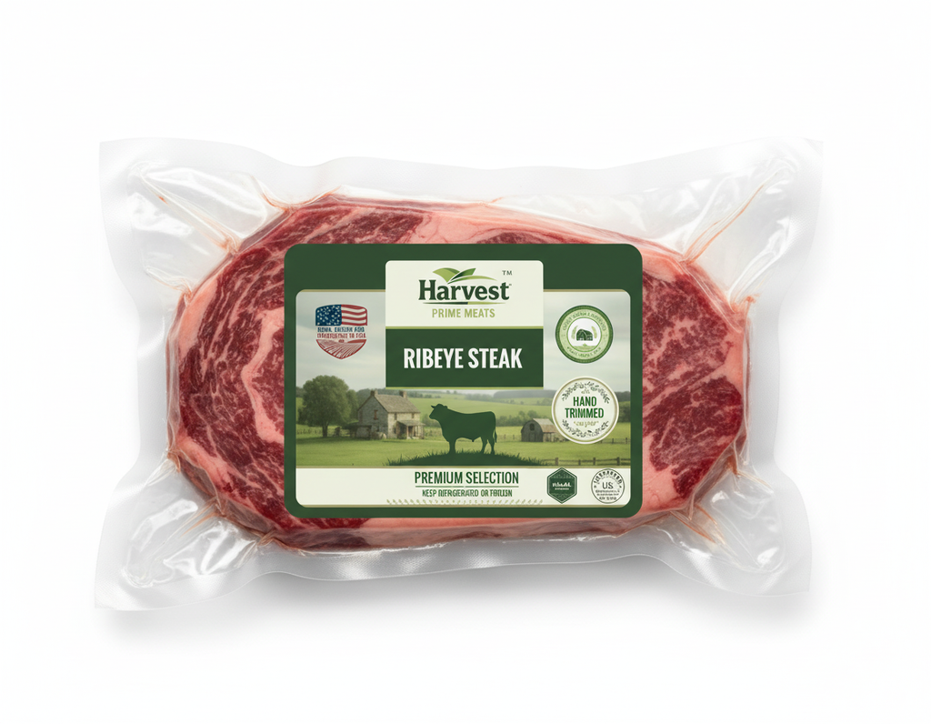Vacuum-sealed ribeye with smaller centered label
