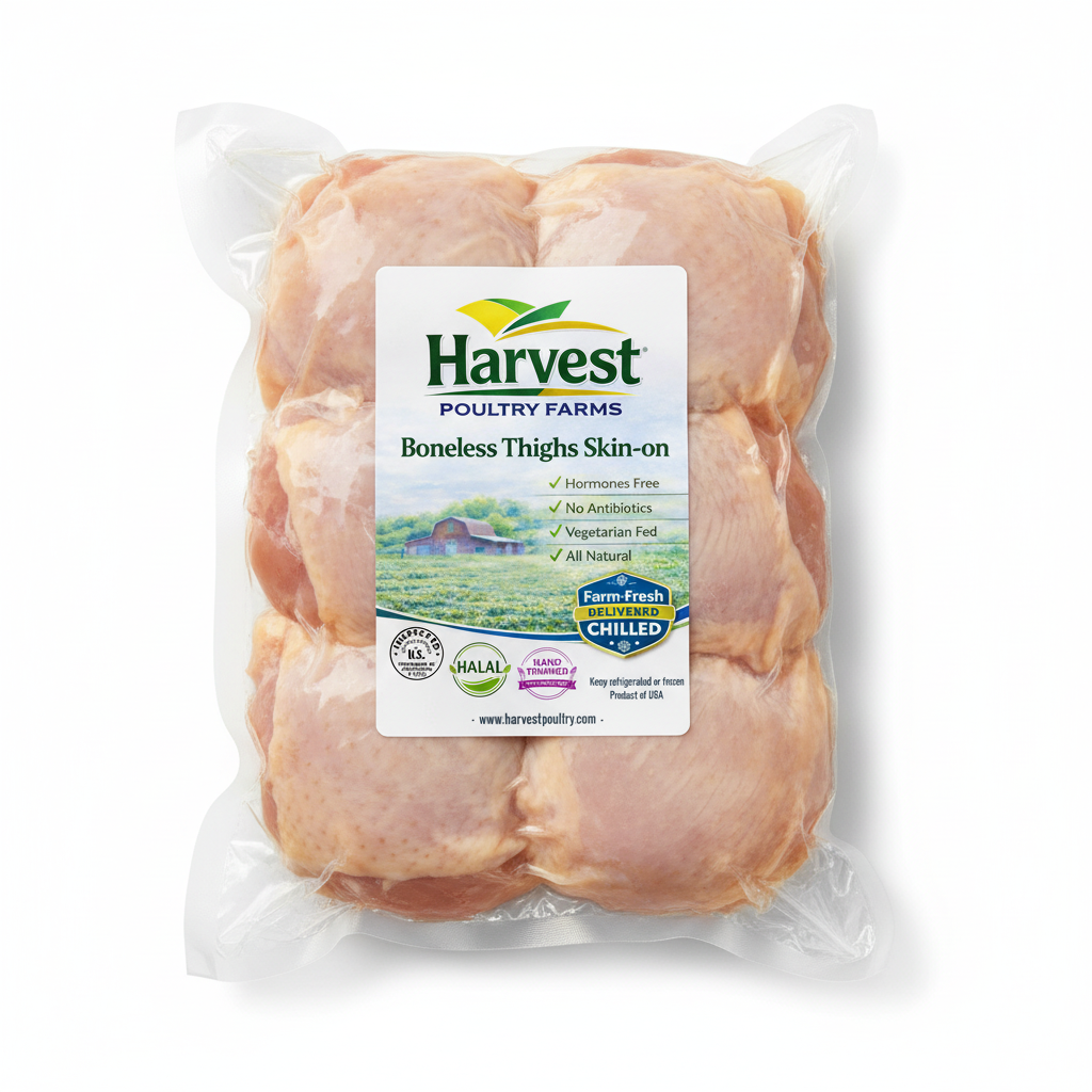 Vacuum-sealed skin-on chicken thighs with Harvest Poultry label