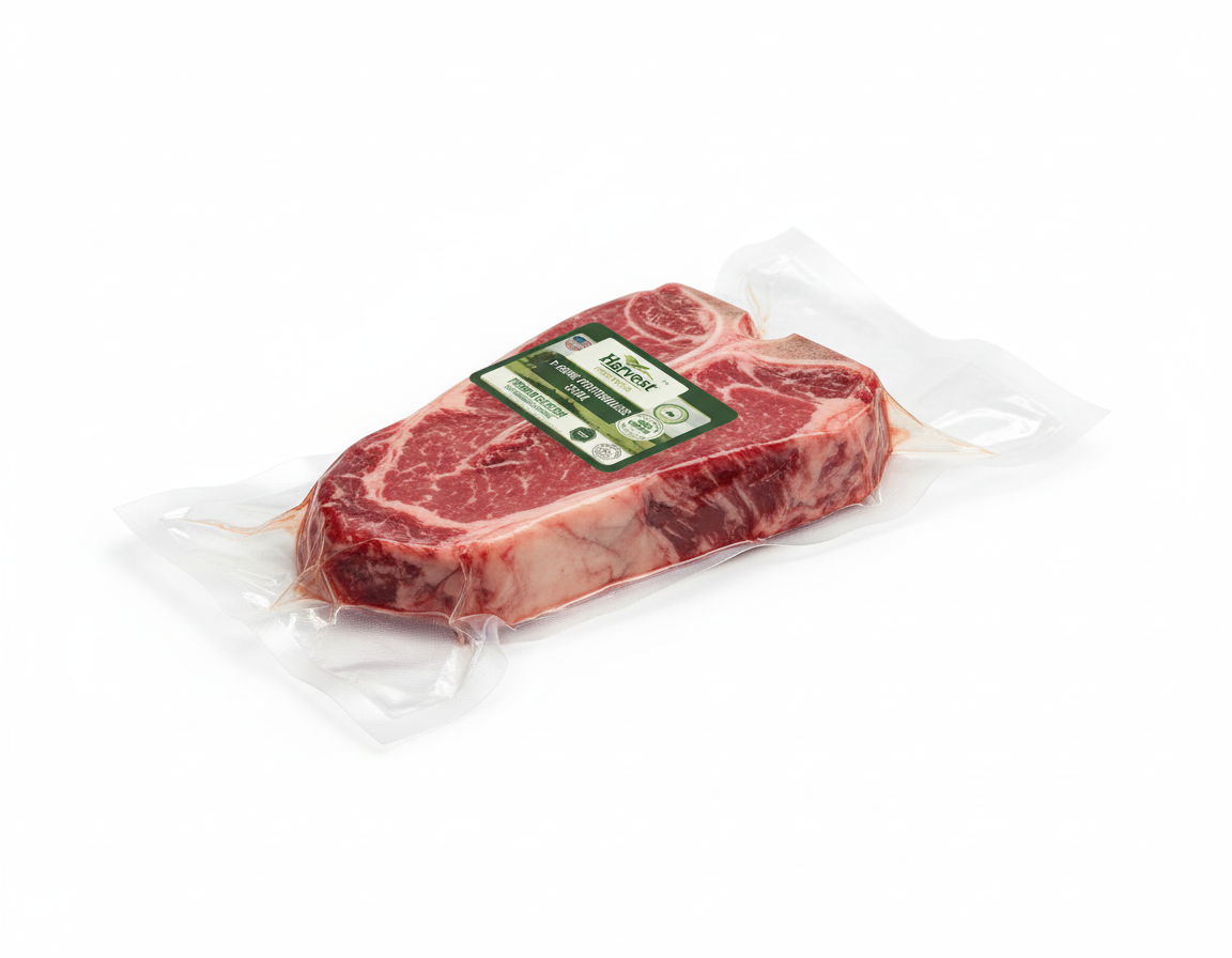 Vacuum-sealed T-bone porterhouse - side angle