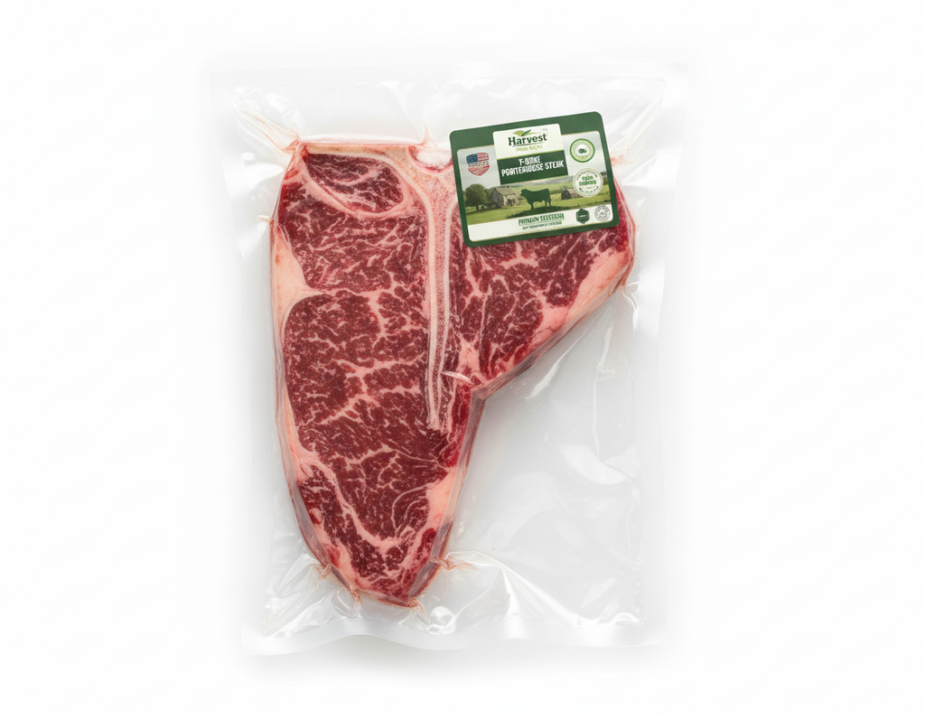 Vacuum-sealed T-bone porterhouse steak with small label
