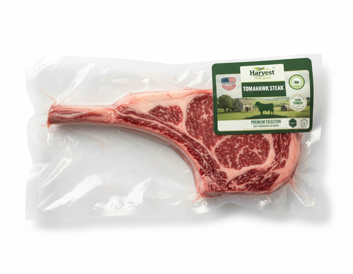Vacuum Sealed Tomahawk Steak with Label