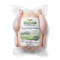 Vacuum-sealed whole chicken with Harvest Poultry Farms label