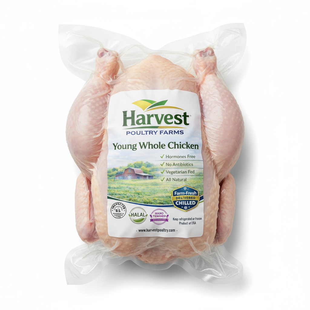 Vacuum-sealed whole chicken with Harvest Poultry Farms label